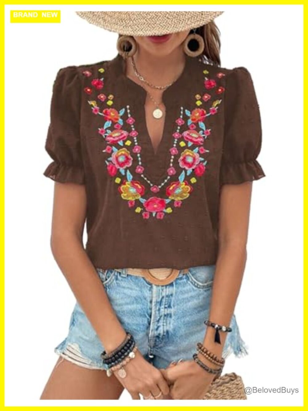Women's Floral Embroidered V Neck Puff Sleeve Blouse Loose Casual Summer Top